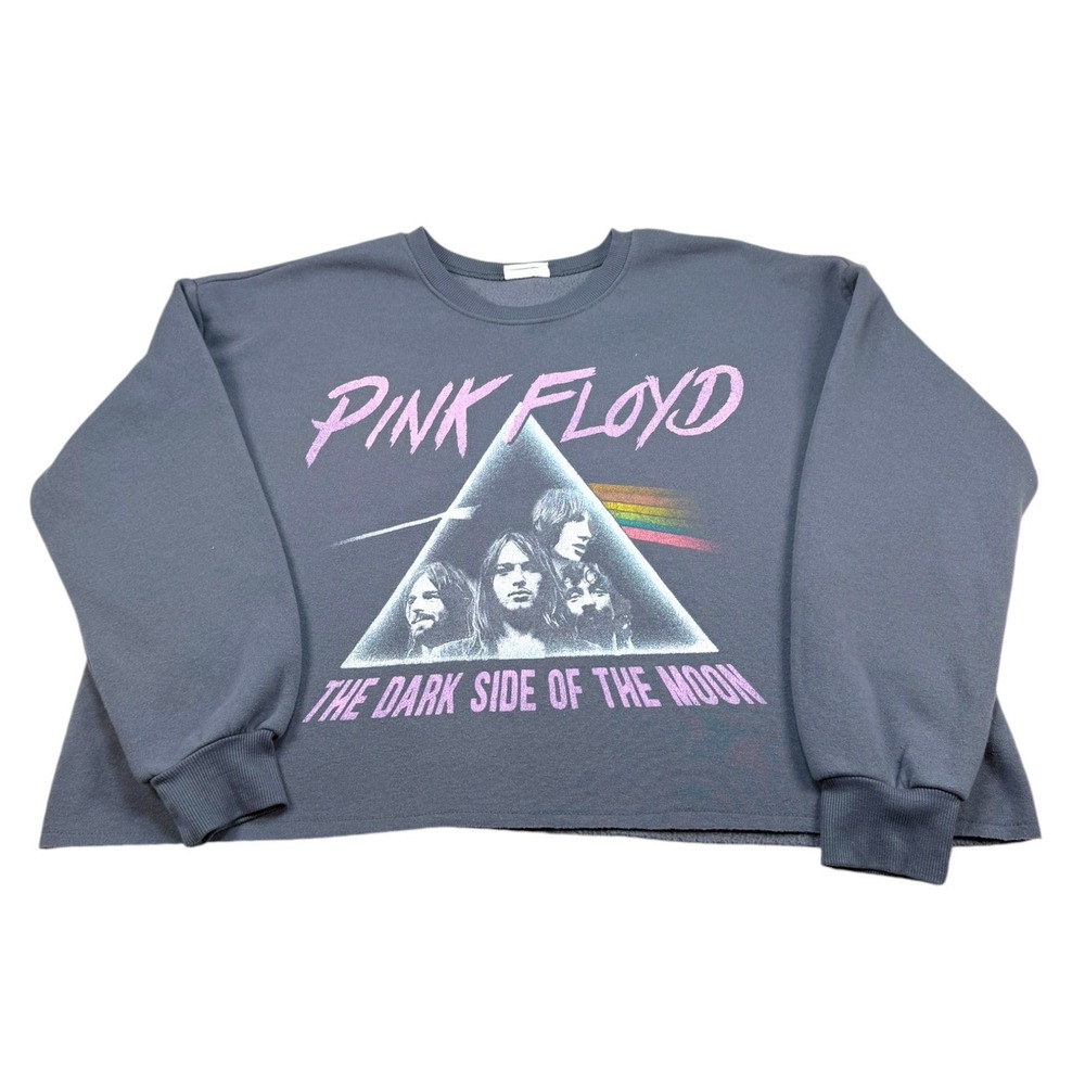 Pink Floyd Dark Side Moon Womens L Gray Cropped Graphic Sweatshirt Raw Hem